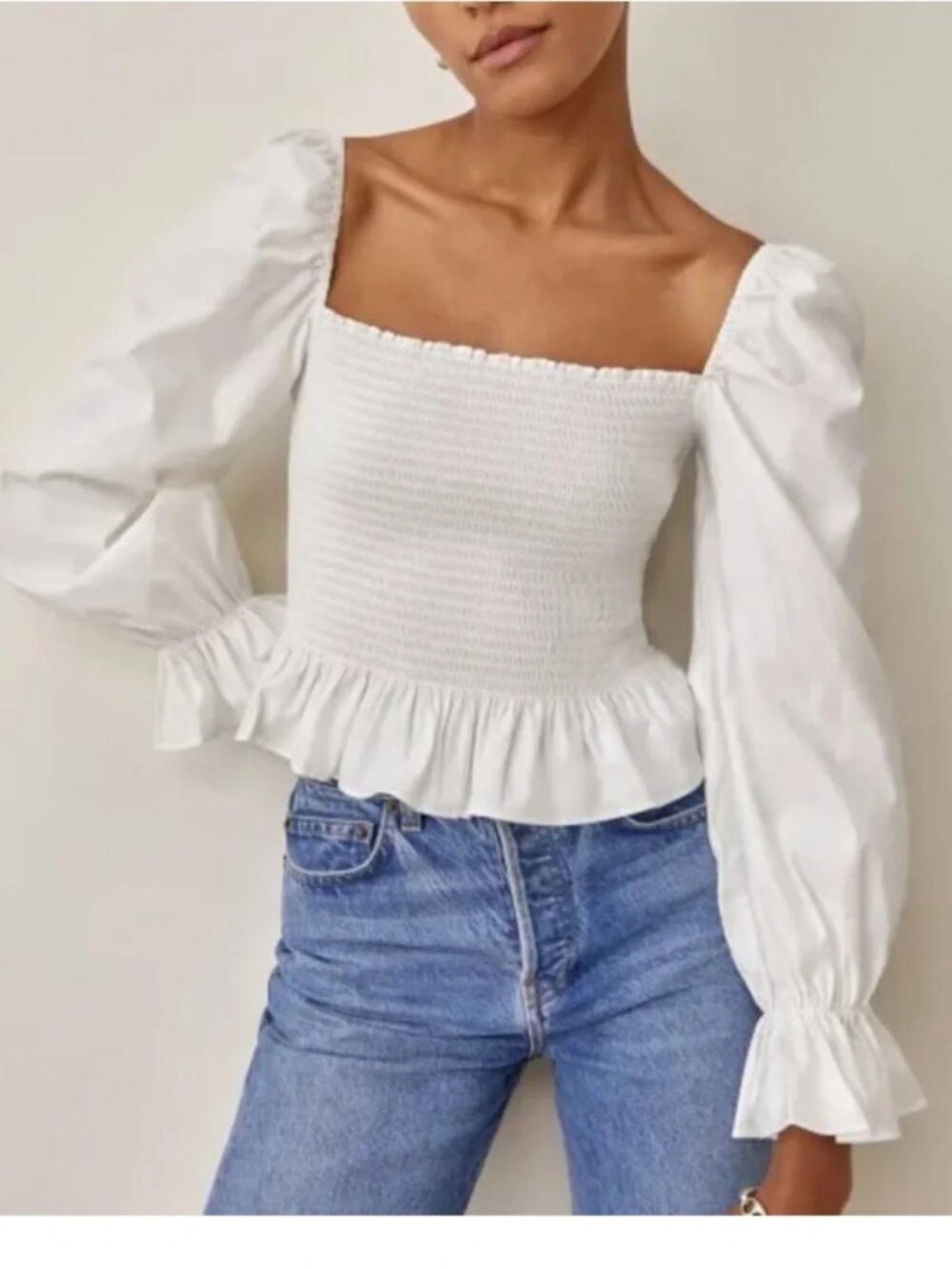 Reformation White Smocked Square Neck Puff Sleeve Top Size L